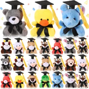 24 Pcs 2025 Graduation Mini Stuffed Animal with Cap Grad Small Plush Animal Toy Keychain Congrats Grad Mini Stuffed Bear Bulk for Class of 2025 Party Decor Goodie Bag Filler School Gift