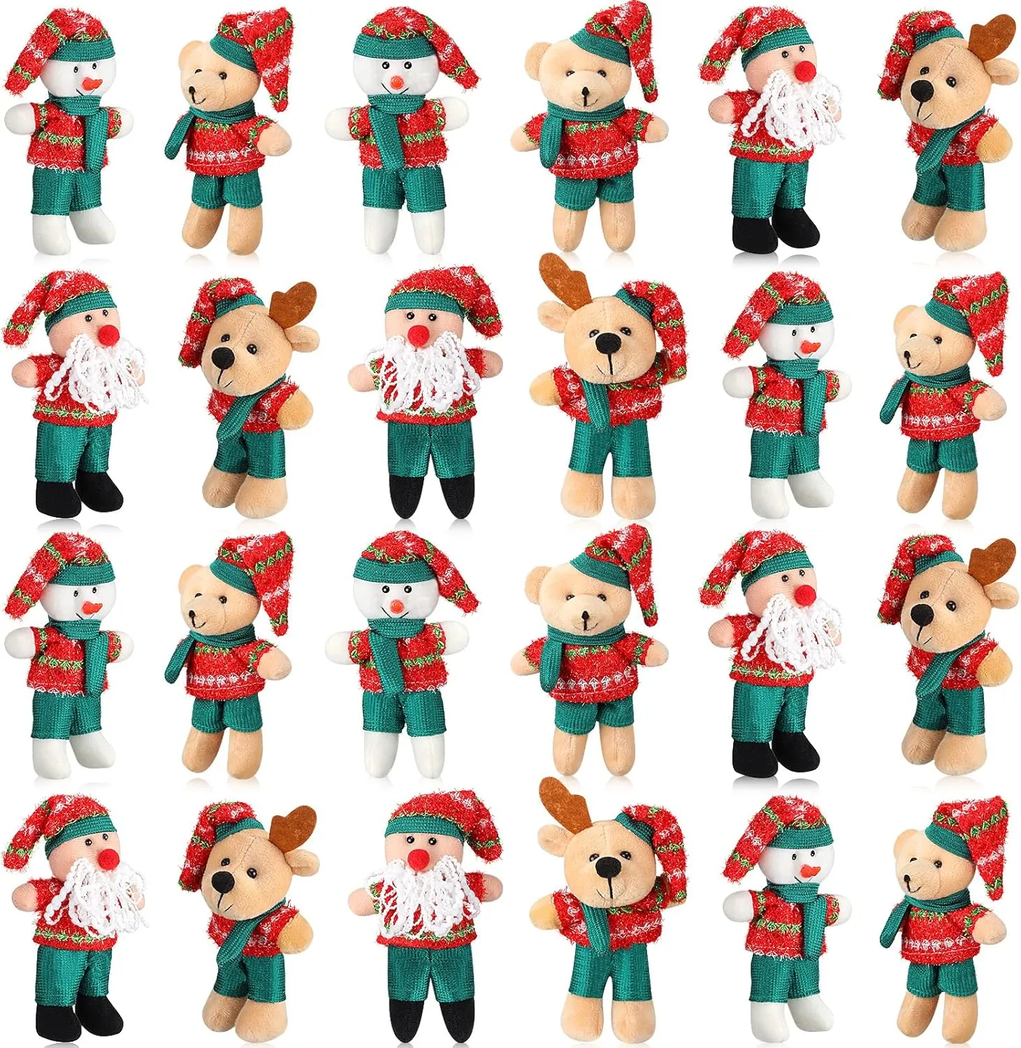 24 Pcs 4.72 Inch Christmas Mini Bear Stuffed Animal Christmas Tree Decorations Mini Plush Toy Santa Reindeer Bear Snowman Ornaments Stuffed Animal for Home Xmas Tree Party Hanging Decorations