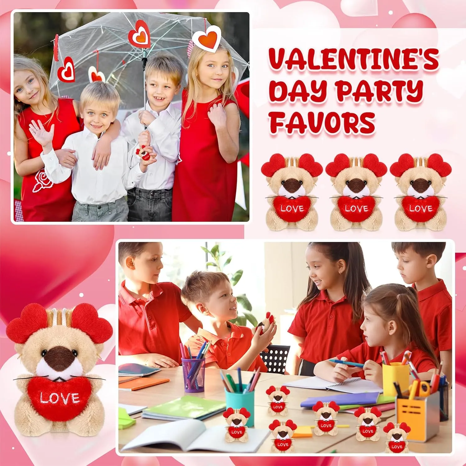 24 Pcs Valentines Day Gifts for Kids Mini Valentines Stuffed Animal Small Plush Keychain with Love Heart Party Favors(Lion)