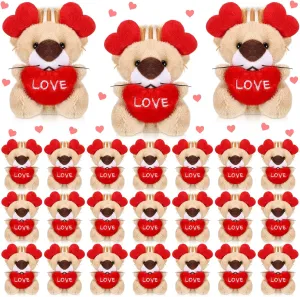 24 Pcs Valentines Day Gifts for Kids Mini Valentines Stuffed Animal Small Plush Keychain with Love Heart Party Favors(Lion)