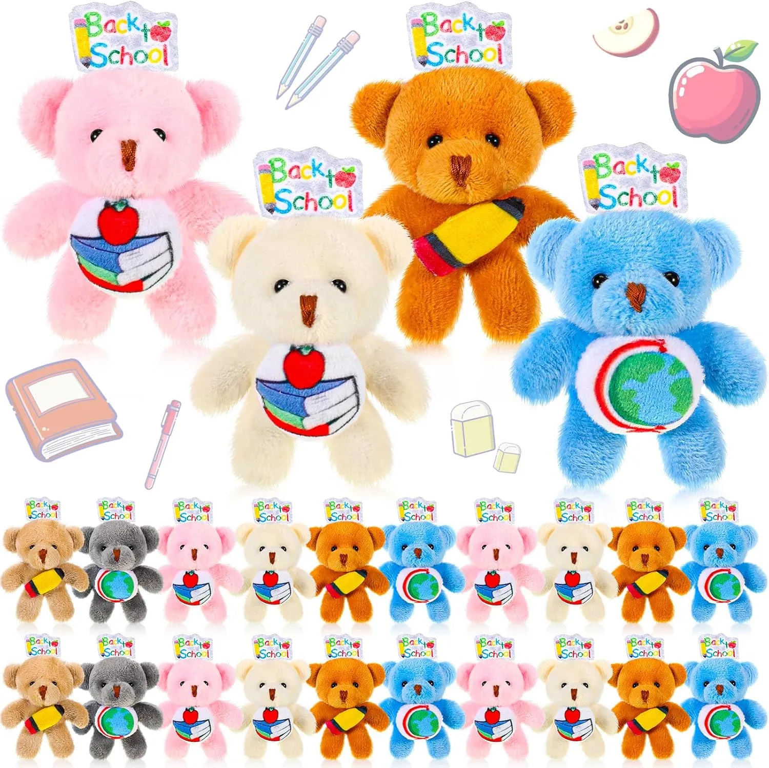 24 Pcs Welcome Back to School Bears Bulk Mini First Day of School Stuffed Animal Small Plush Bears Tiny Doll Keychain for Back to Study Exchange Gifts Party Favors