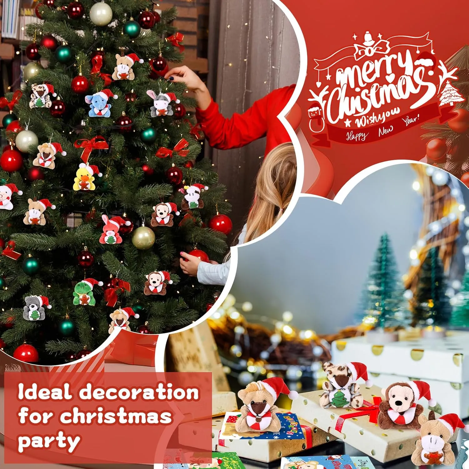 24 Set Christmas Mini Plush Bulk with Xmas Cards Small Christmas Stuffed Animals Bulk Tiny Soft Plush Keychain for Xmas Holiday Party Favors Goodie Bag Filler Gifts Exchage