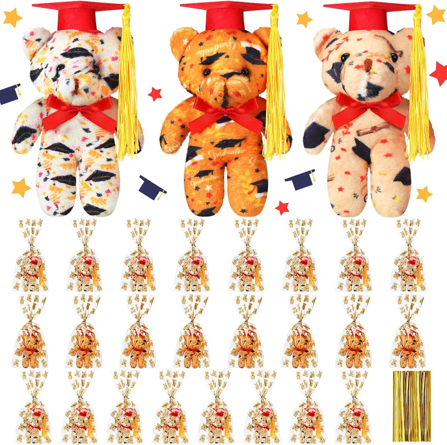24 Set Mini Graduation Plush Bear with Gift Bag Grad Stuffed Animal Bear with Graduation Hat Class of 2025 Mini Animal for Grad Party Supplies, 4 Inch(Red)