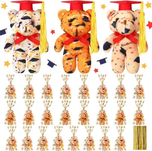 24 Set Mini Graduation Plush Bear with Gift Bag Grad Stuffed Animal Bear with Graduation Hat Class of 2025 Mini Animal for Grad Party Supplies, 4 Inch(Red)