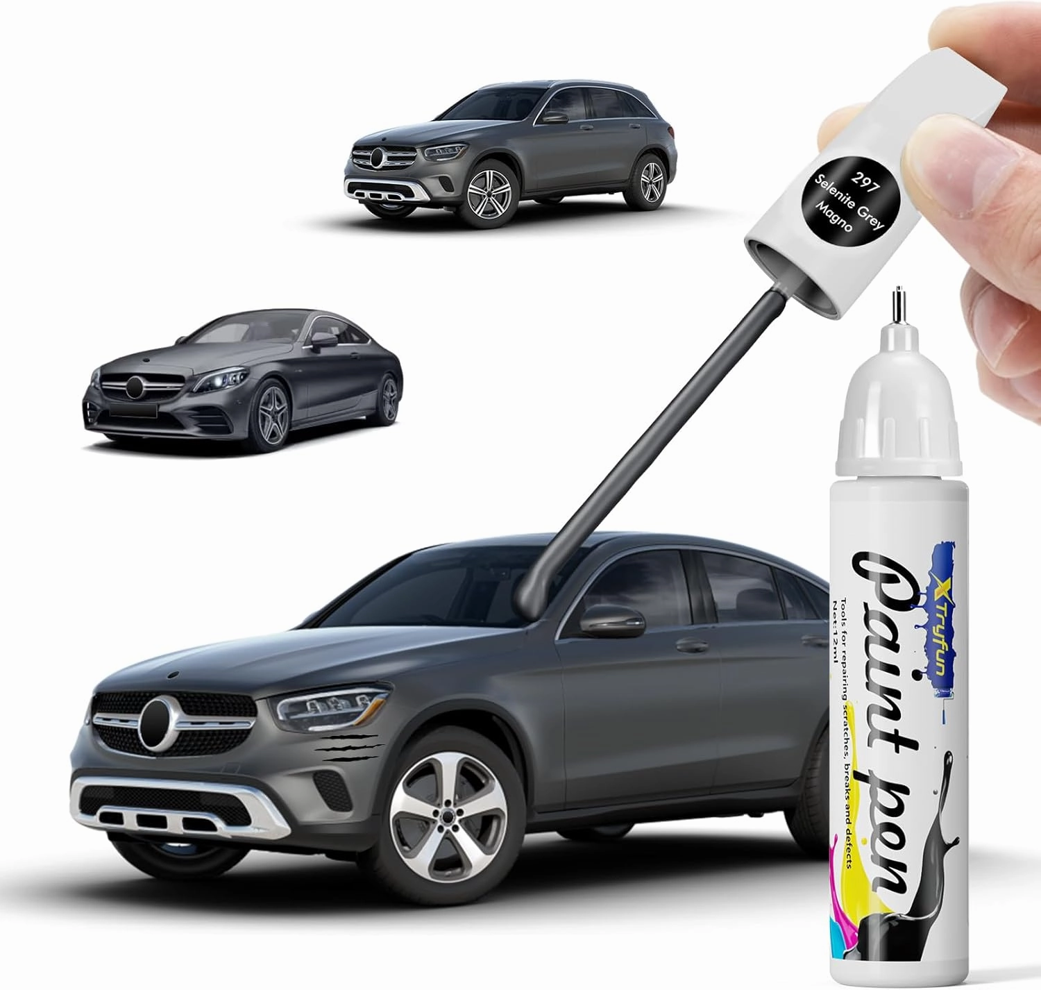 297 Selenite Grey Magno Touch Up Paint Compatible with Mercedes Benz, DIY Car Paint Scratch Repair, Quick & Easy Fix Automotive Scratch Repair for C/E/S/G/CLA/CLS/GLC/EQB/EQS/SL/Maybach