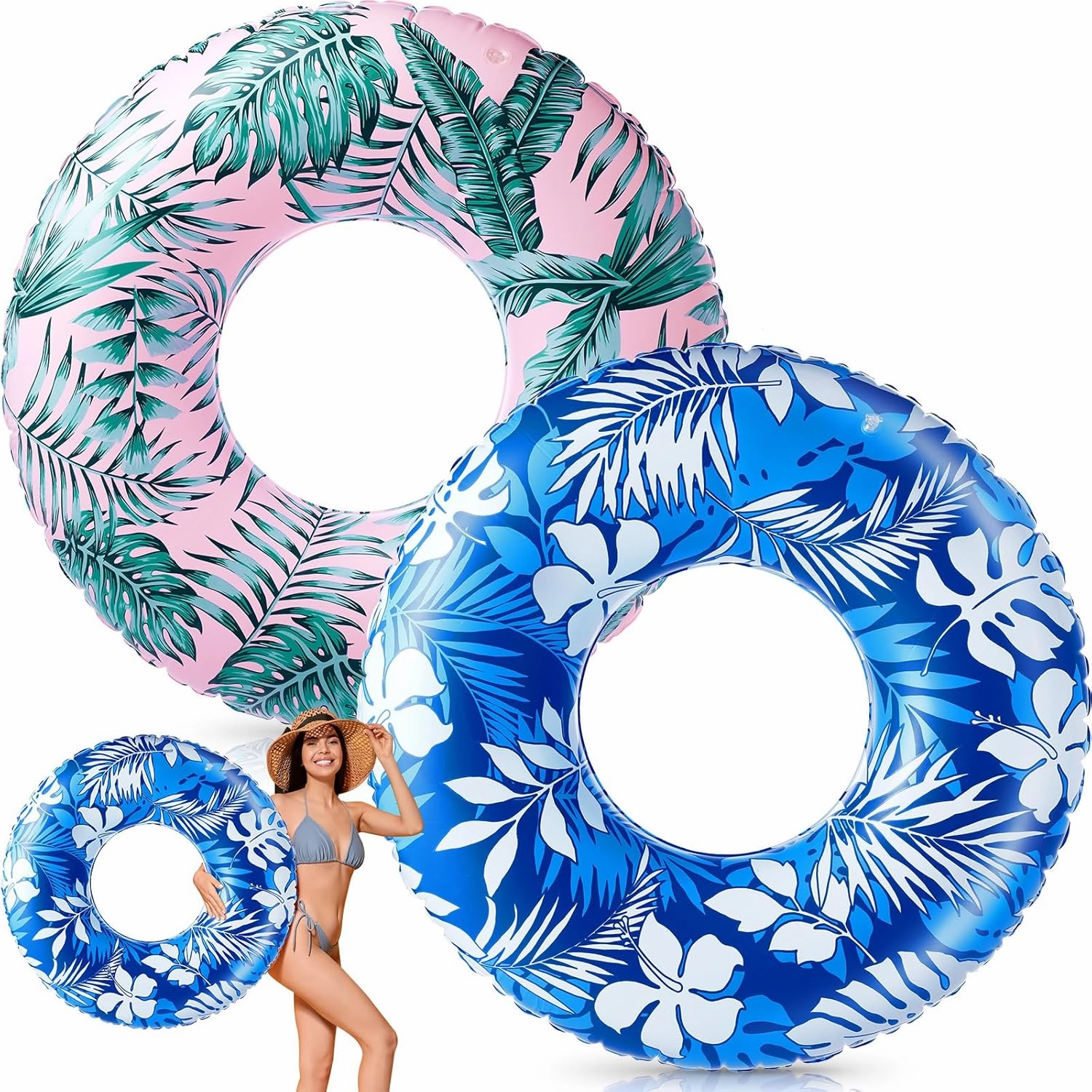2 Pcs Large Adult Float Tube 47.24 Inches Hawaii Inflatable Pool Ring Floats Single Sided Tropical Leaves Inflatable Pool Tube Rings Swimming Ring for Adults Summer Beach
