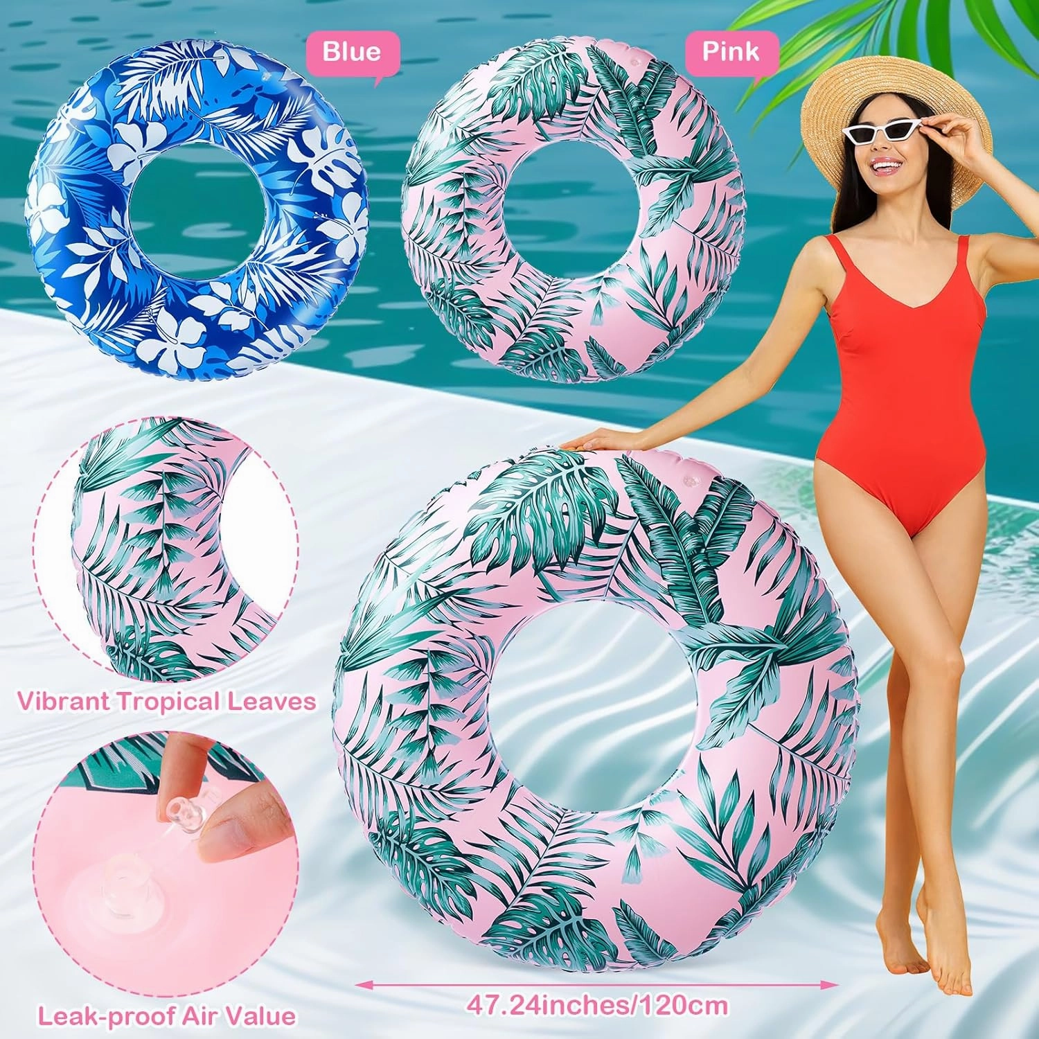 2 Pcs Large Adult Float Tube 47.24 Inches Hawaii Inflatable Pool Ring Floats Single Sided Tropical Leaves Inflatable Pool Tube Rings Swimming Ring for Adults Summer Beach