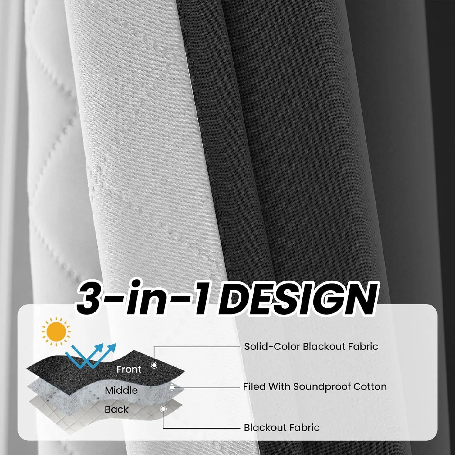 3-In-1 Thermal Curtains Insulated Blackout with Liner - Soundproof Curtain Noise Cancelling - Thick Heavy Insulating Window Drapes Heat Blocking for Living Room Bedroom 108 Inch Length 1 Panel Set