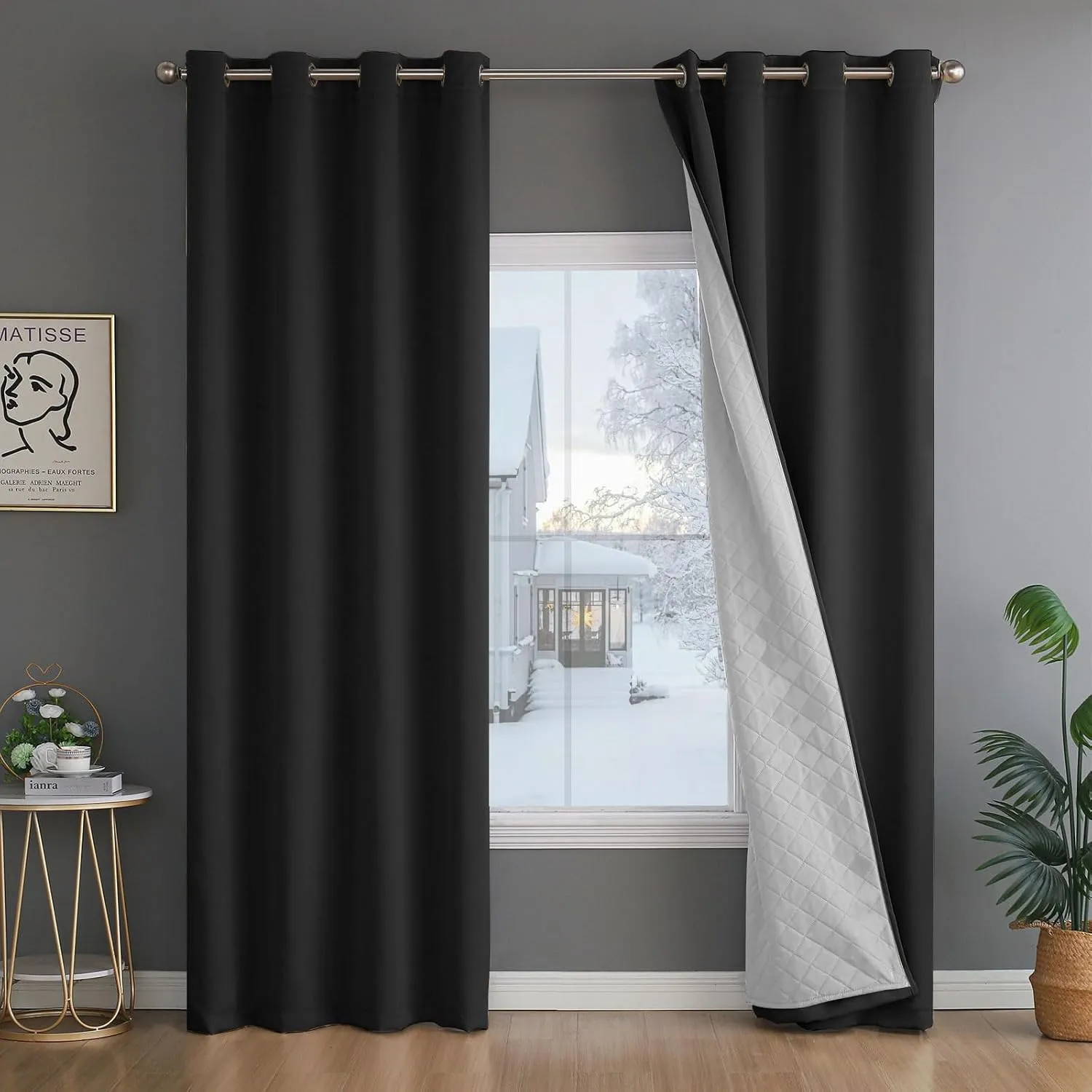 3-In-1 Thermal Curtains Insulated Blackout with Liner - Soundproof Curtain Noise Cancelling - Thick Heavy Insulating Window Drapes Heat Blocking for Living Room Bedroom 108 Inch Length 1 Panel Set