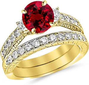 3.03 Carat 14K White Gold Three Stone Vintage With Milgrain & Filigree Bridal Set with Wedding Band & Diamond Engagement Ring with a 2 Carat Natural Ruby Center (Heirloom Quality)