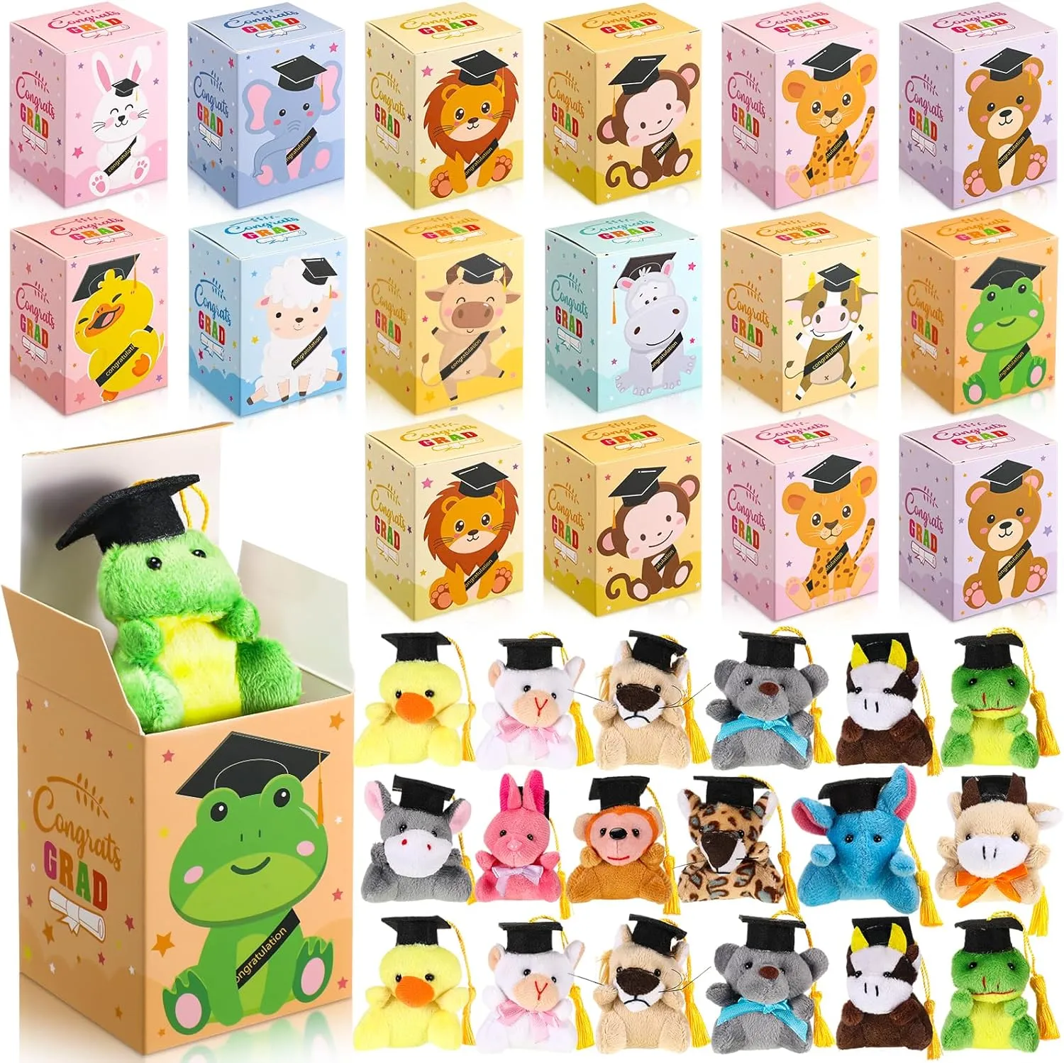 36 Sets Mini Graduation Stuffed Animal Plush Toy with Gifts Box, Preschool Kindergarten Graduation Gifts Bear Animals with Cap Set for 2025 Congrats Grad Party Classroom Exchange Gift