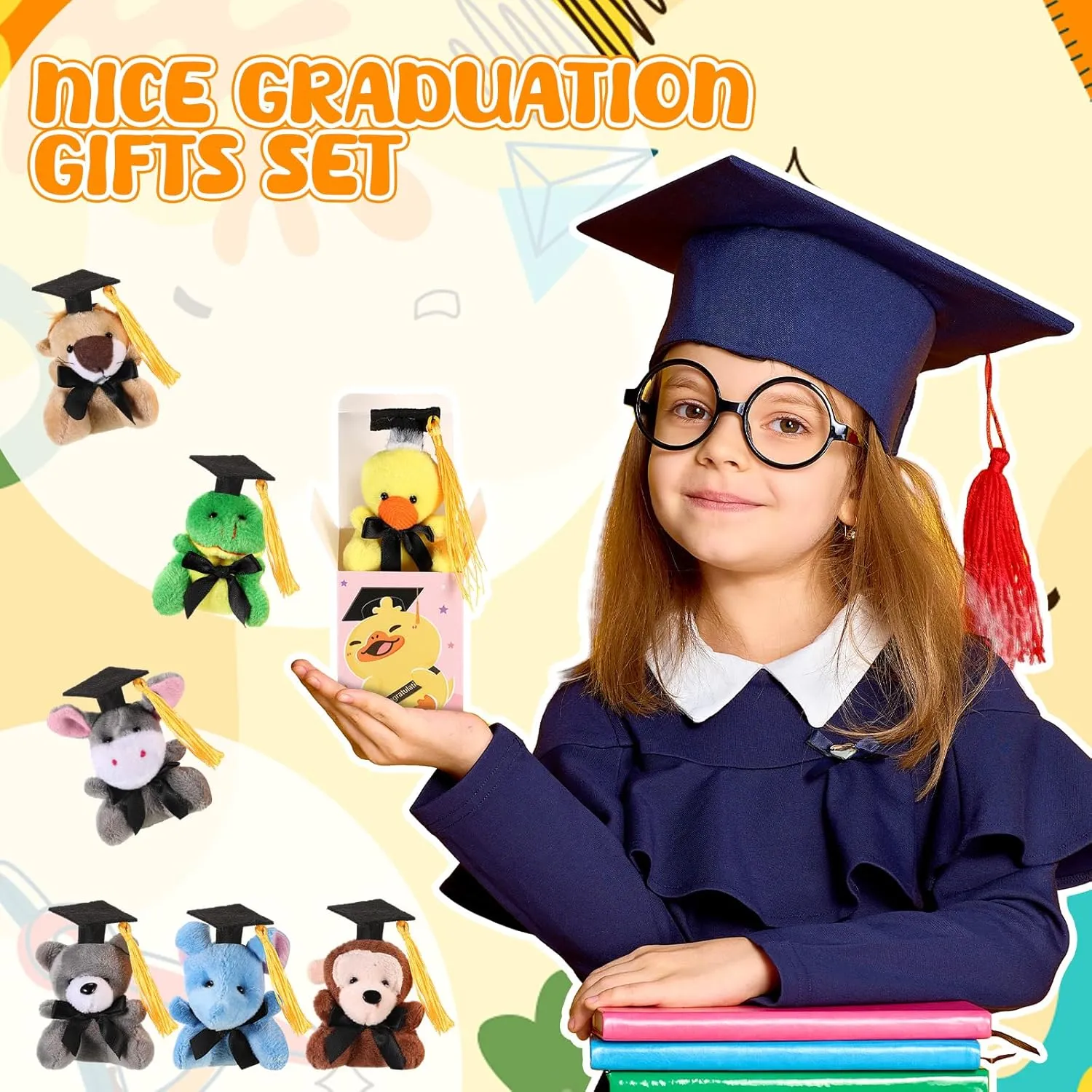 36 Sets Mini Graduation Stuffed Animal Plush Toy with Gifts Box, Preschool Kindergarten Graduation Gifts Bear Animals with Cap Set for 2025 Congrats Grad Party Classroom Exchange Gift