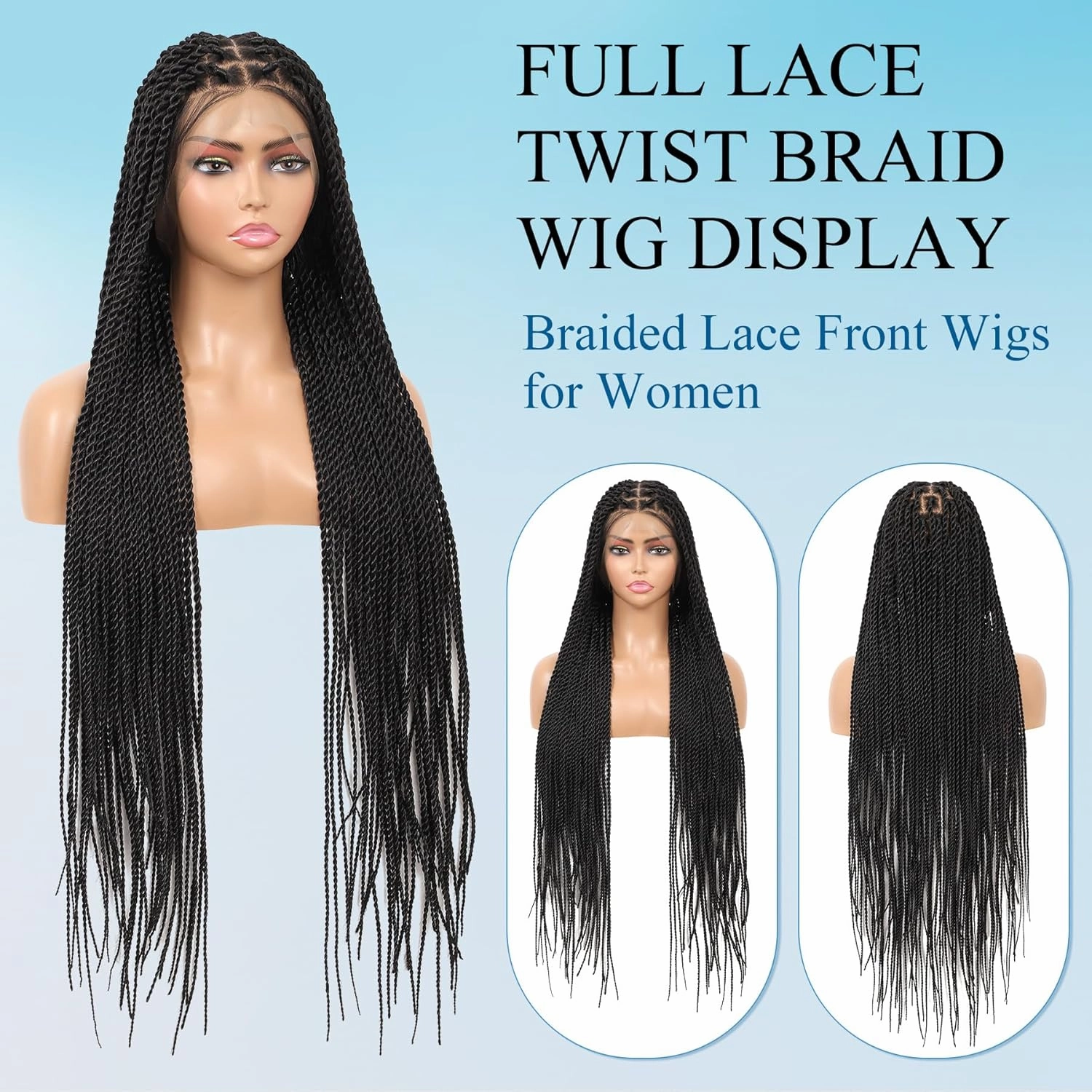 360° HD Full Lace Knotless Braided Wigs for Women Twist Braided Wig with Baby Hair Long Premium Synthetic Braid Lace Front Wigs Black 36"
