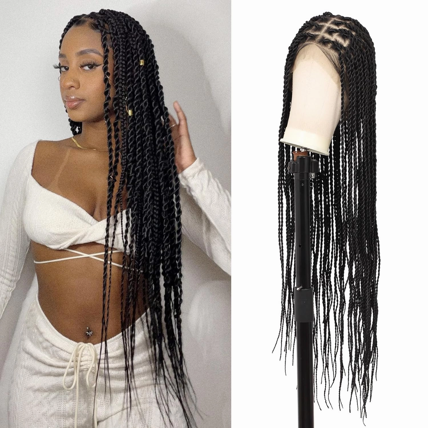 360° HD Full Lace Knotless Braided Wigs for Women Twist Braided Wig with Baby Hair Long Premium Synthetic Braid Lace Front Wigs Black 36"
