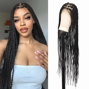 360° HD Full Lace Knotless Braided Wigs for Women Twist Braided Wig with Baby Hair Long Premium Synthetic Braid Lace Front Wigs Black 36"