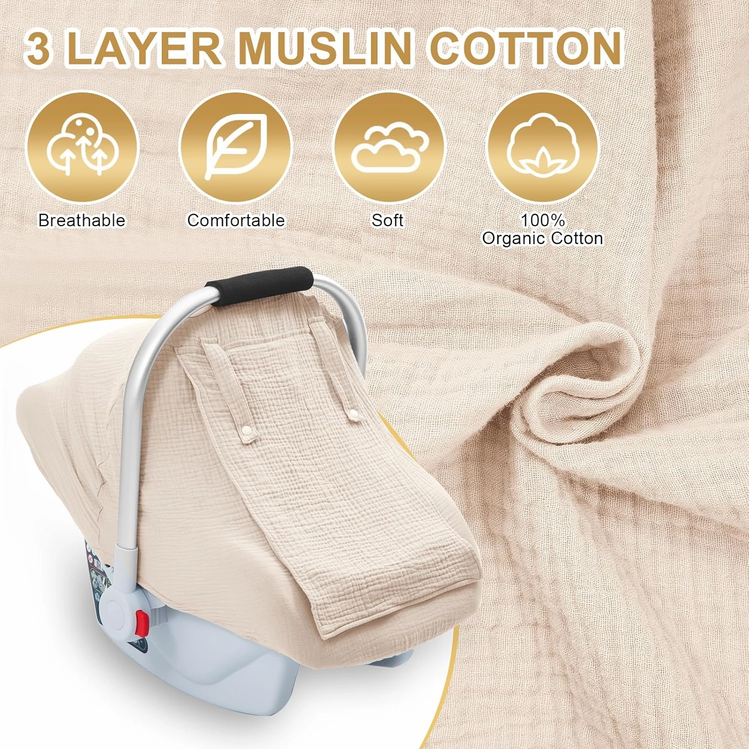 3 Layer Muslin Baby Car Seat Cover, Infant Car Seat Cover with Mesh Peep Window, Breathable Carseat Canopy for Winter, Windproof Carrier Cover with Privacy Sun Shade, Baby Stroller Weather Shields