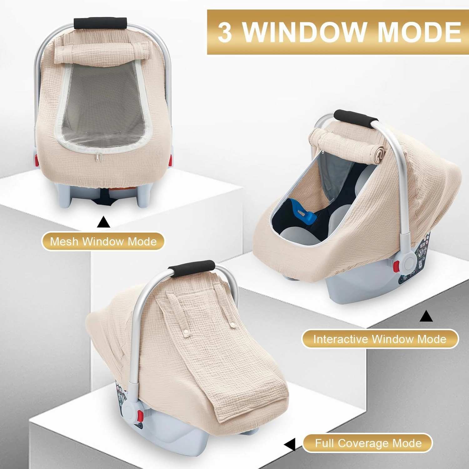 3 Layer Muslin Baby Car Seat Cover, Infant Car Seat Cover with Mesh Peep Window, Breathable Carseat Canopy for Winter, Windproof Carrier Cover with Privacy Sun Shade, Baby Stroller Weather Shields