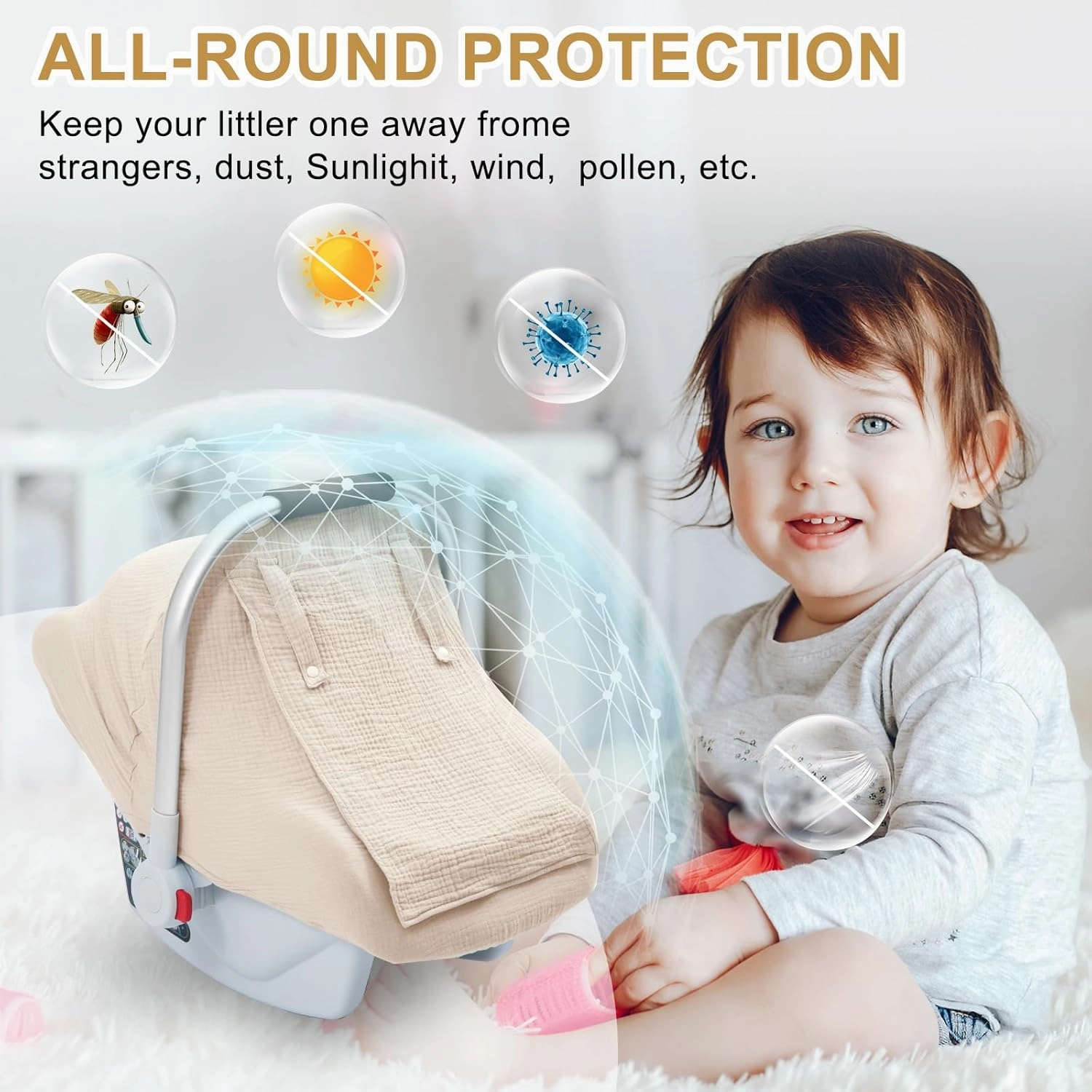 3 Layer Muslin Baby Car Seat Cover, Infant Car Seat Cover with Mesh Peep Window, Breathable Carseat Canopy for Winter, Windproof Carrier Cover with Privacy Sun Shade, Baby Stroller Weather Shields