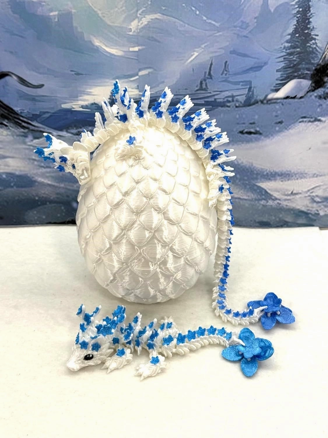 3D Printed Dragons With Egg, Articulated Baby Dragon, White and Blue Cherry Blossom, Fidget ADHD Autism Toy MCD-017-004-WB-WE