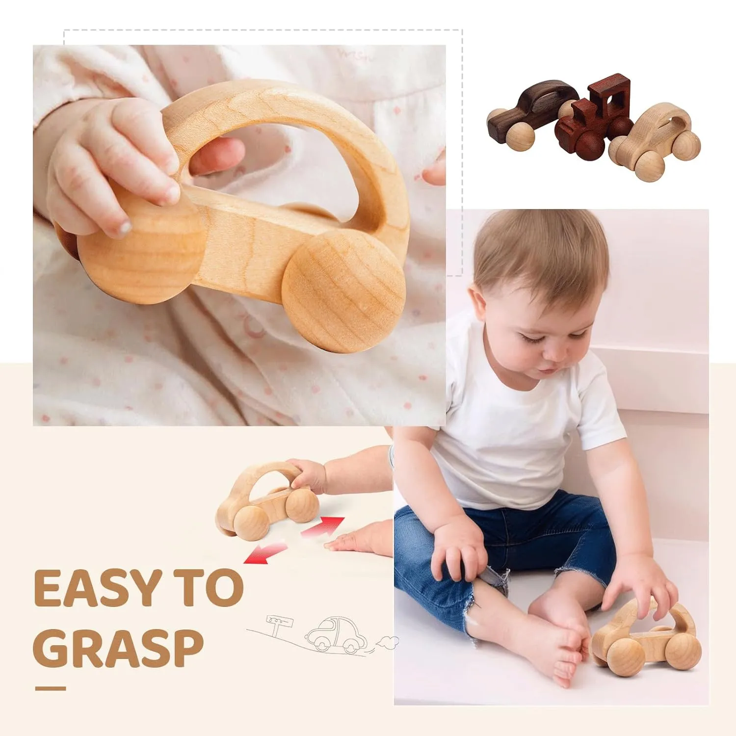 3PCS Wooden Baby Toys,Baby Grasping Toys Push Car Toys Montessori Toys Wooden Toy Vehicles,#1