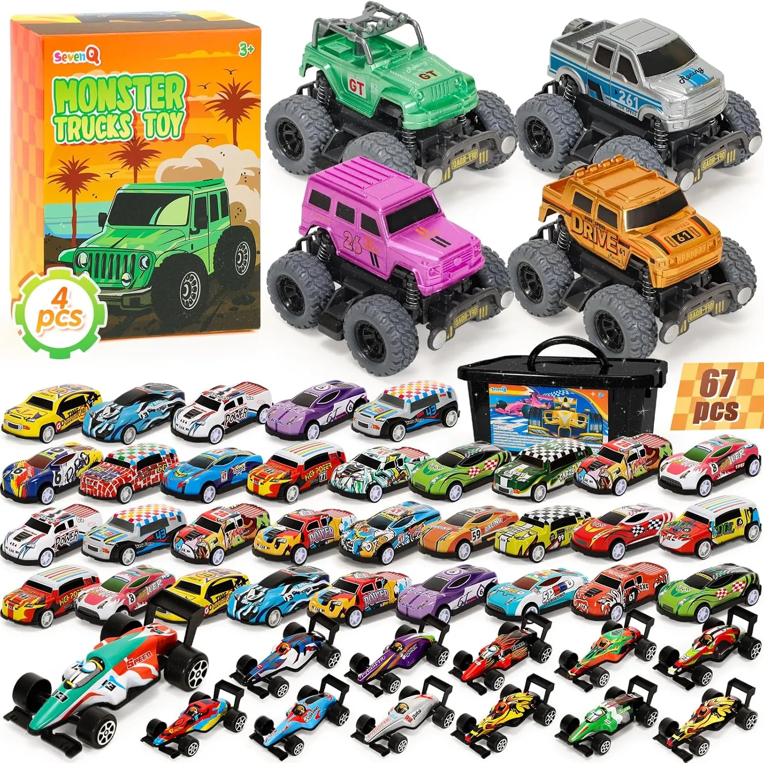 4 Pcs Monster Truck and 67 Pcs Mini Pull Back Cars with Storage Box, Race Cars Party Favors for Toddler Toys Pinata Goodie Bag Stuffers Christmas Treasure Box Classroom Prizes