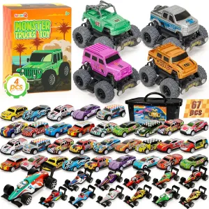 4 Pcs Monster Truck and 67 Pcs Mini Pull Back Cars with Storage Box, Race Cars Party Favors for Toddler Toys Pinata Goodie Bag Stuffers Christmas Treasure Box Classroom Prizes