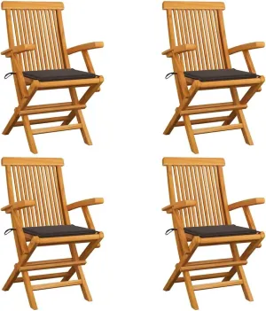4-Piece Solid Teak Wood Folding Patio Chairs with Taupe Cushions, Outdoor Furniture Set for Garden Terrace Beach Camping, Lightweight Foldable Chairs with Armrests
