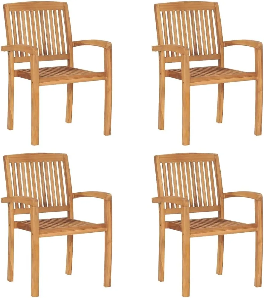 4-Piece Stacking Patio Chairs with Gray Cushions Solid Teak Wood Outdoor Furniture Set for Dining Room Garden Poolside