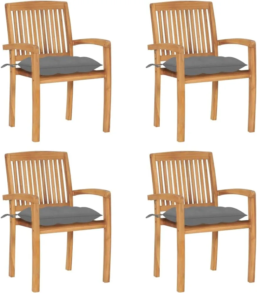 4-Piece Stacking Patio Chairs with Gray Cushions Solid Teak Wood Outdoor Furniture Set for Dining Room Garden Poolside