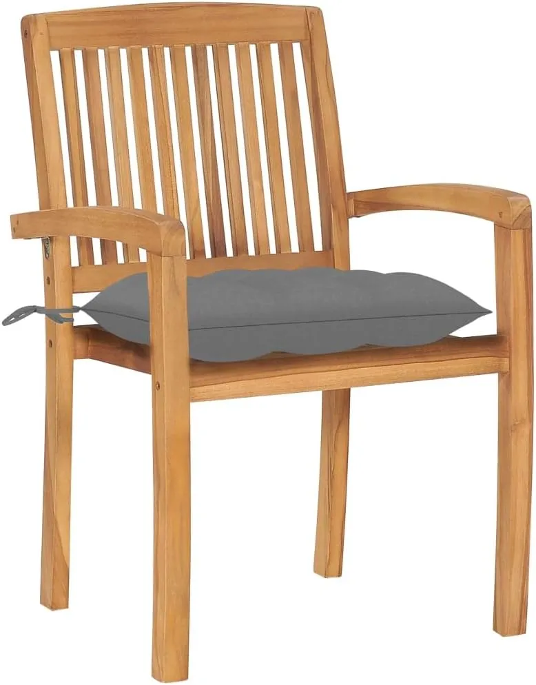 4-Piece Stacking Patio Chairs with Gray Cushions Solid Teak Wood Outdoor Furniture Set for Dining Room Garden Poolside