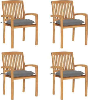 4-Piece Stacking Patio Chairs with Gray Cushions Solid Teak Wood Outdoor Furniture Set for Dining Room Garden Poolside