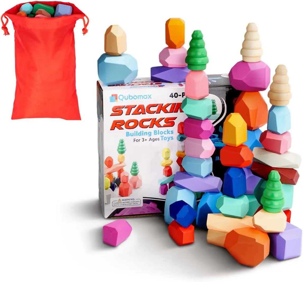 40 Pcs Wooden Stacking Rocks & Sensory Learning Toys for Ages 3-9 | Develops Motor Skills & Creativity for Girl or Boy - Stacking Blocks for Birthday Gift