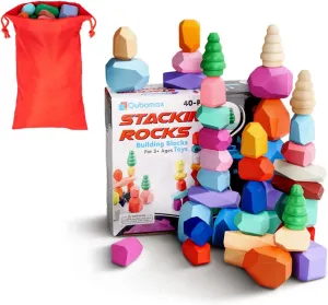 40 Pcs Wooden Stacking Rocks & Sensory Learning Toys for Ages 3-9 | Develops Motor Skills & Creativity for Girl or Boy - Stacking Blocks for Birthday Gift