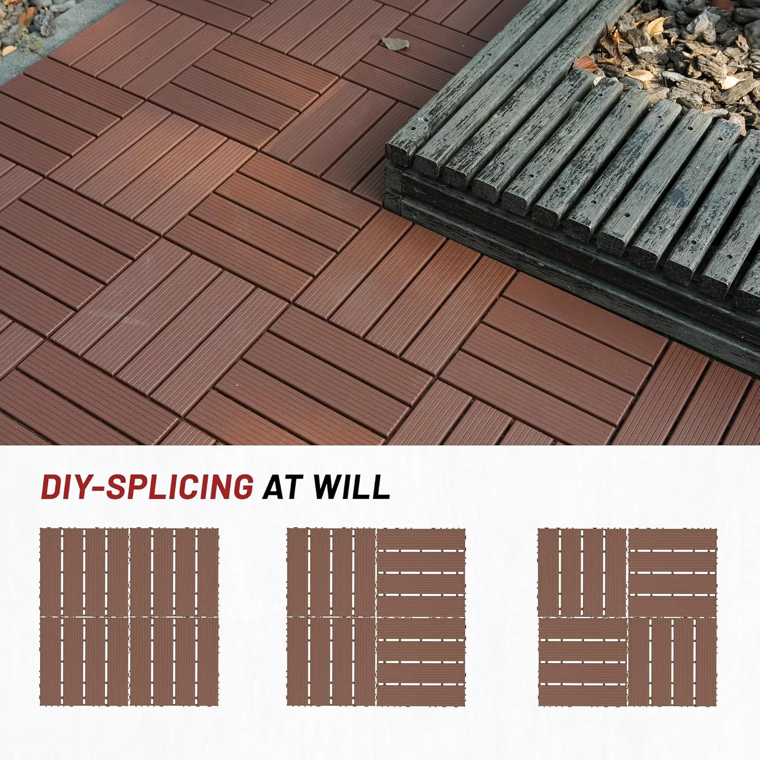 44 Pack Interlocking Deck Tiles, 12"x12"x0.8" Plastic Patio Flooring Outdoor Waterproof, All Weather Use for Balcony Porch Backyard Poolside（Brown,Texture）