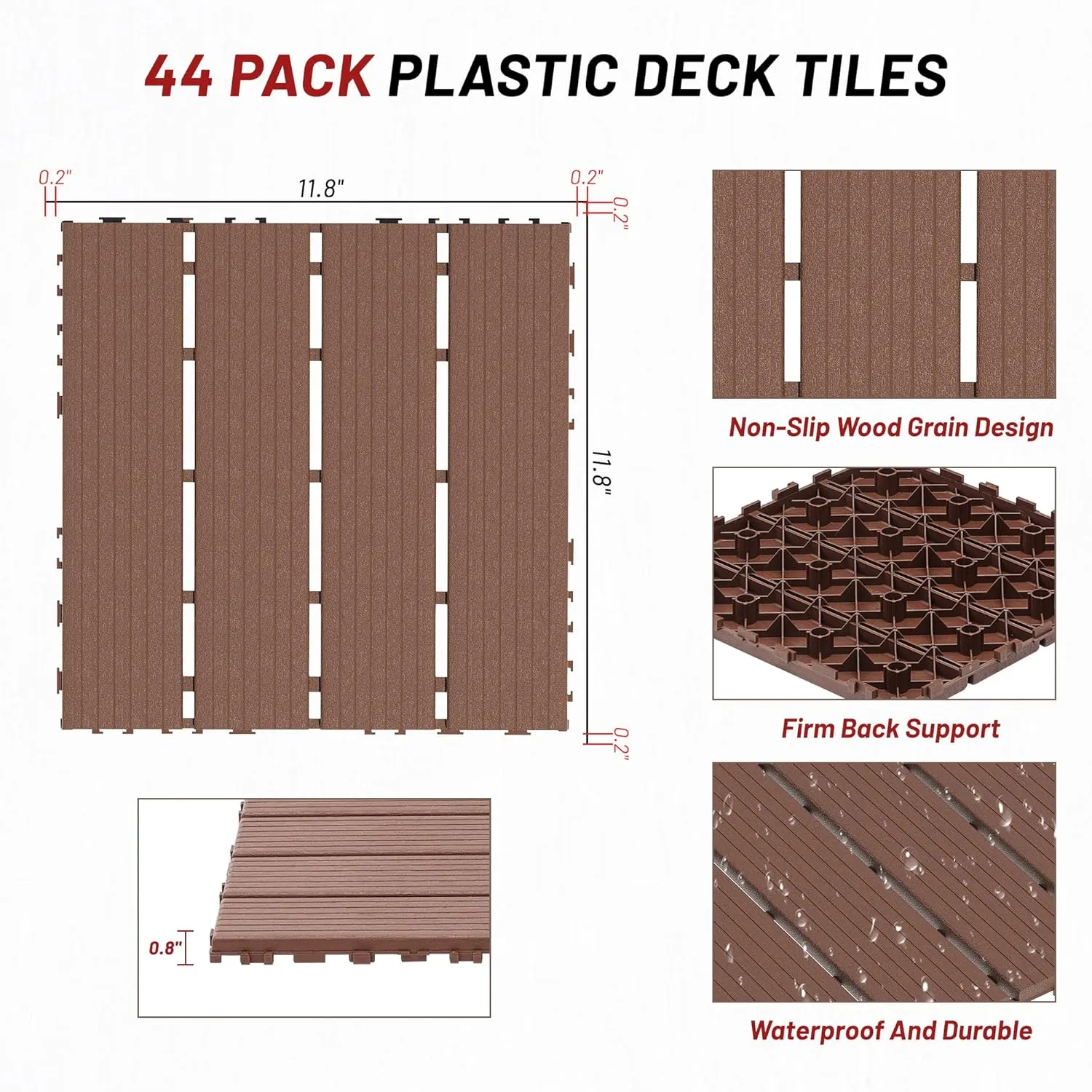44 Pack Interlocking Deck Tiles, 12"x12"x0.8" Plastic Patio Flooring Outdoor Waterproof, All Weather Use for Balcony Porch Backyard Poolside（Brown,Texture）