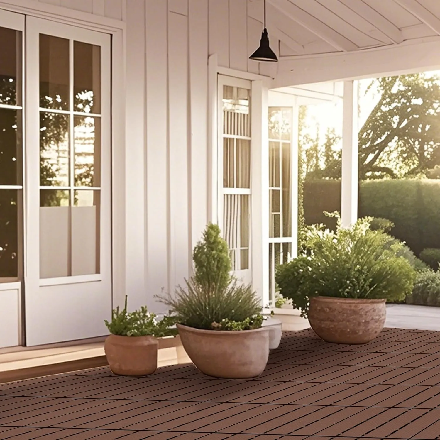 44 Pack Interlocking Deck Tiles, 12"x12"x0.8" Plastic Patio Flooring Outdoor Waterproof, All Weather Use for Balcony Porch Backyard Poolside（Brown,Texture）