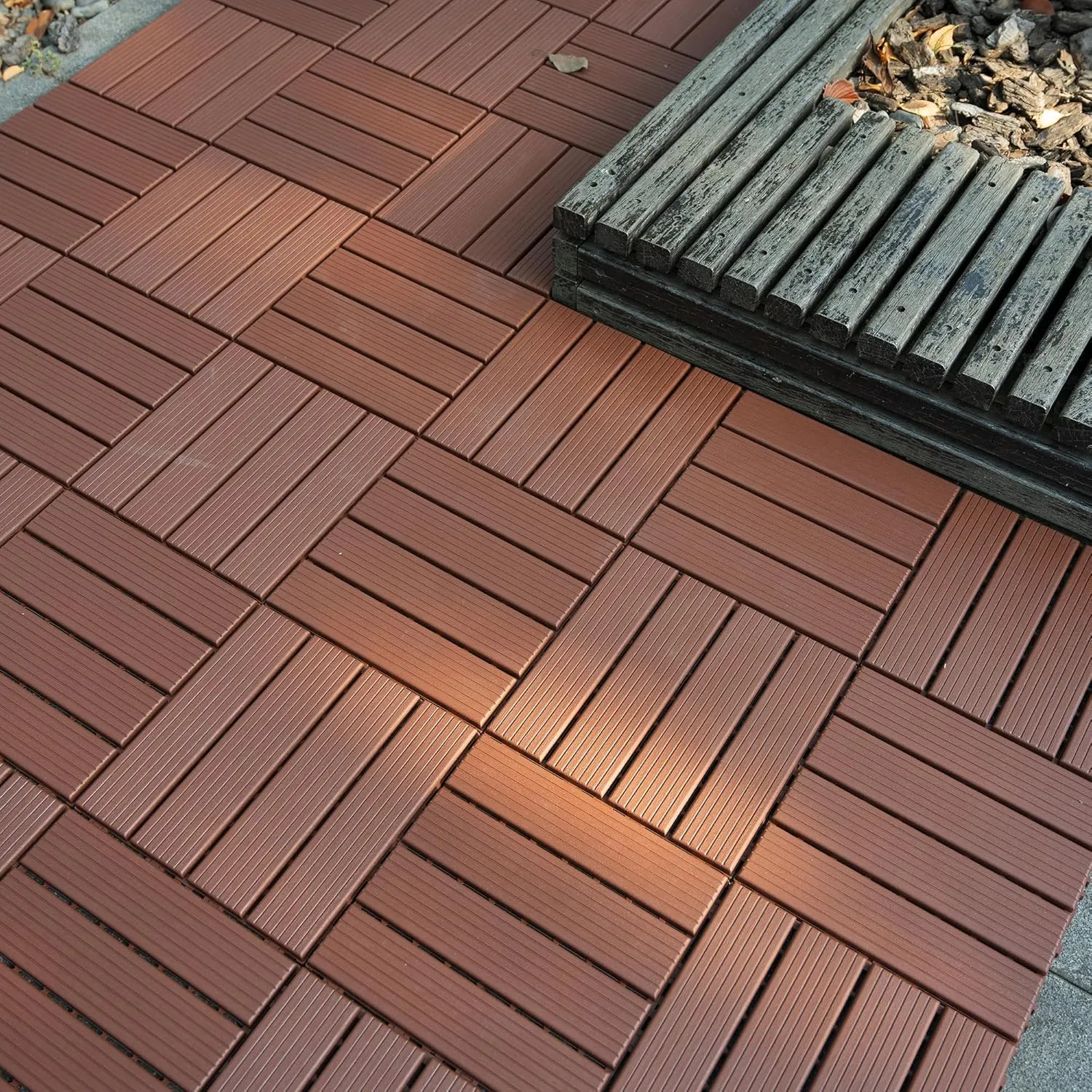 44 Pack Interlocking Deck Tiles, 12"x12"x0.8" Plastic Patio Flooring Outdoor Waterproof, All Weather Use for Balcony Porch Backyard Poolside（Brown,Texture）