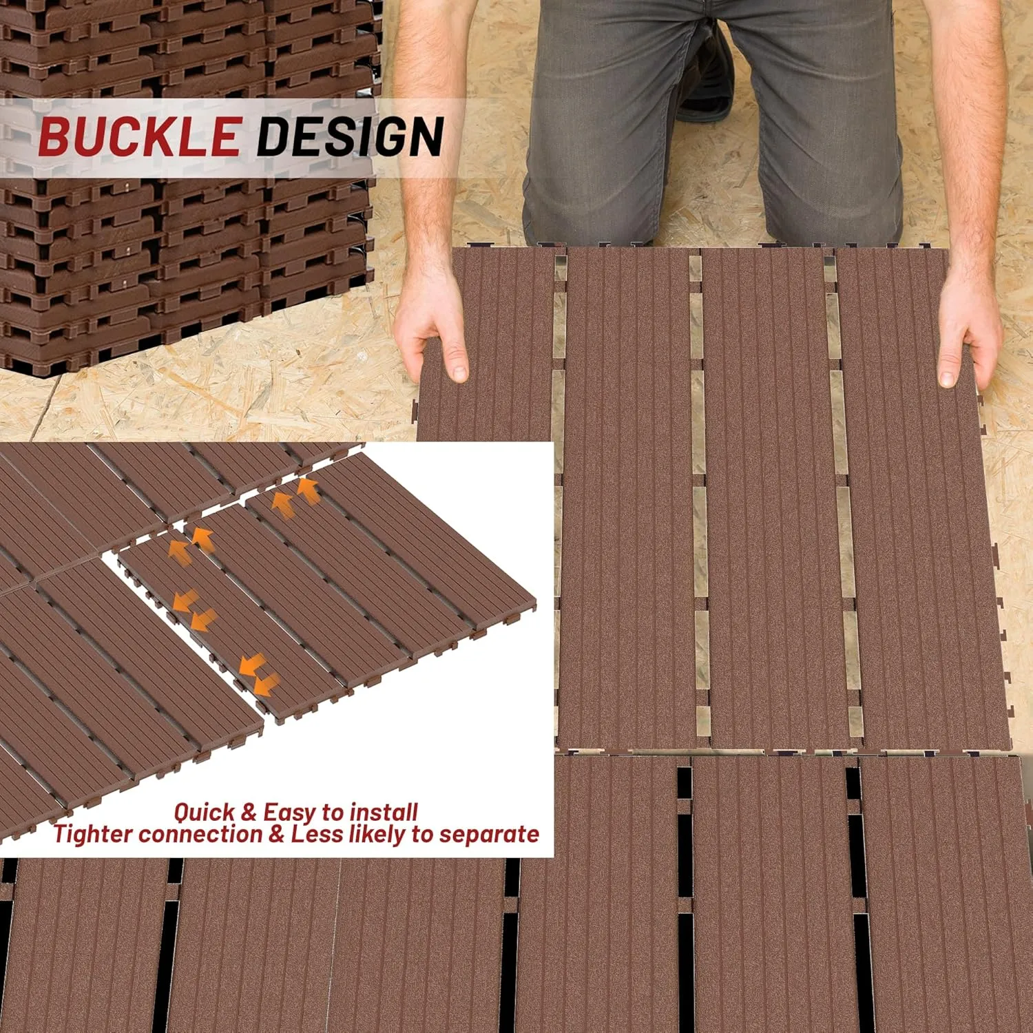 44 Pack Interlocking Deck Tiles, 12"x12"x0.8" Plastic Patio Flooring Outdoor Waterproof, All Weather Use for Balcony Porch Backyard Poolside（Brown,Texture）