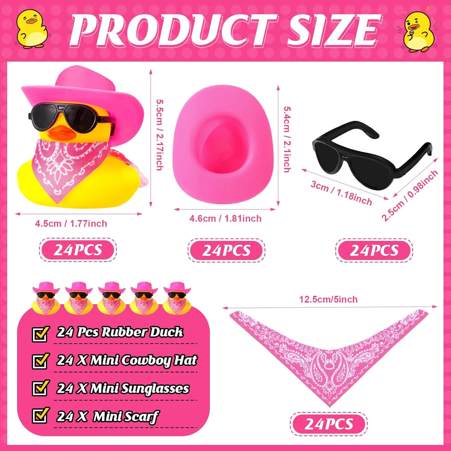 48 Set Cowboy Rubber Duck Mini Yellow Duckies Bath Party Toy Tiny Ducks Bathtub Toy with Cowboy Hat Paisley Bandanas Sunglasses for Summer Baby Shower Birthday Swimming Party (Bright Style)