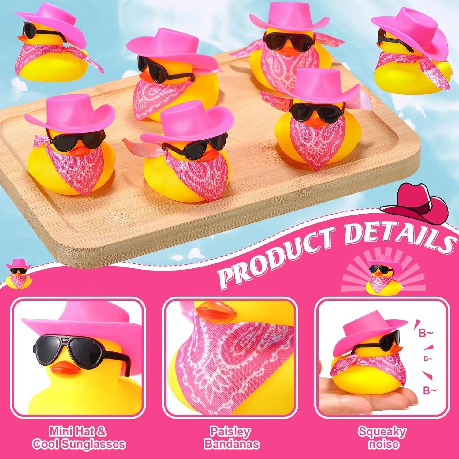 48 Set Cowboy Rubber Duck Mini Yellow Duckies Bath Party Toy Tiny Ducks Bathtub Toy with Cowboy Hat Paisley Bandanas Sunglasses for Summer Baby Shower Birthday Swimming Party (Bright Style)