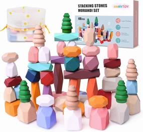 48 PCS Wooden Stacking Rocks Stones Building Blocks, Montessori Toys for 3  Year Old Preschool Learning Activities Balancing Stacking Game, Birthday Gifts for 3 4 5 6 Year Old Girls Boys Kids