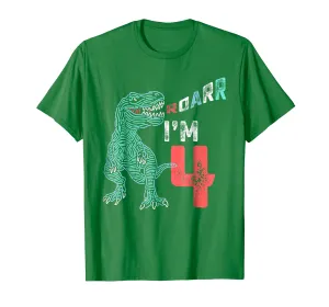 4th Birthday Shirt - Funny Four Year Old Boys Dinosaur Tees