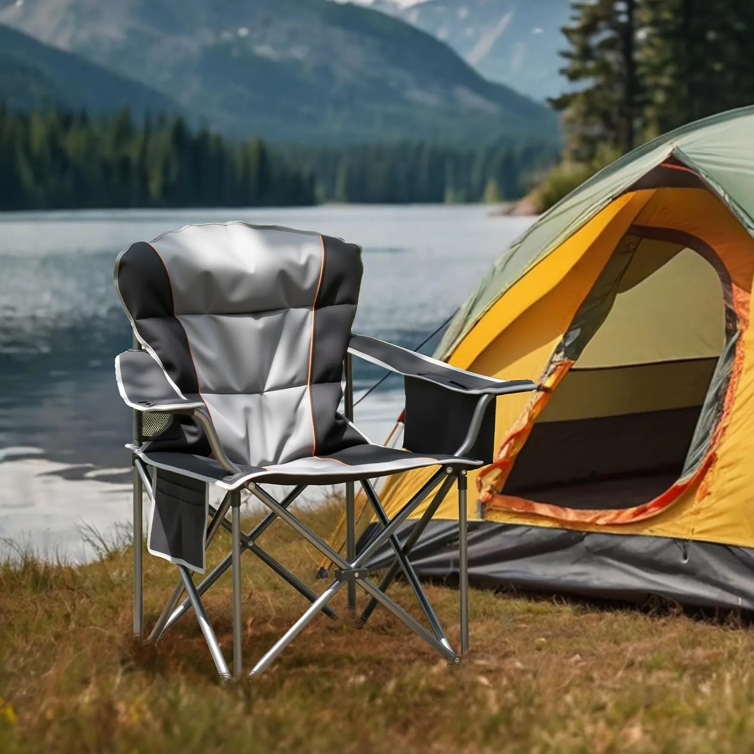 500 lb Oversized Camping Folding Chair, Heavy Duty Padded Chair with Cup Holder Storage and Cooler Bag, Sturdy Steel Frame, Portable for Outdoor, Backyard, Beach, Fishing (Black   Gray)
