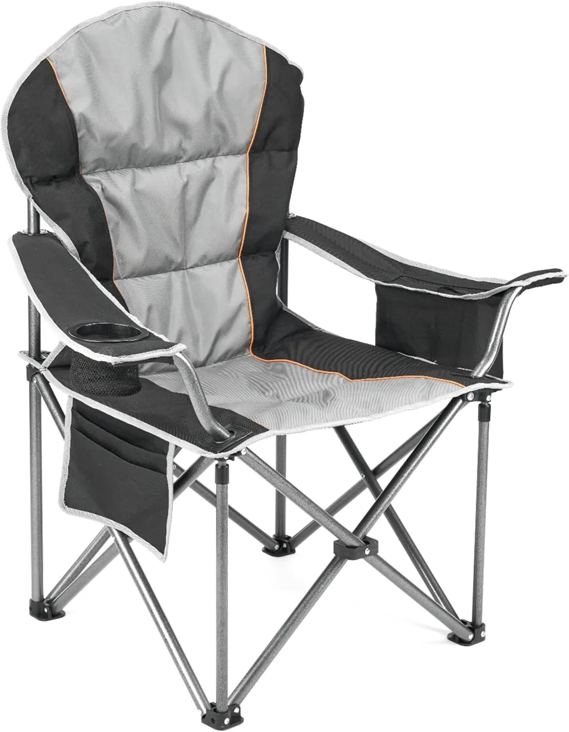 500 lb Oversized Camping Folding Chair, Heavy Duty Padded Chair with Cup Holder Storage and Cooler Bag, Sturdy Steel Frame, Portable for Outdoor, Backyard, Beach, Fishing (Black   Gray)