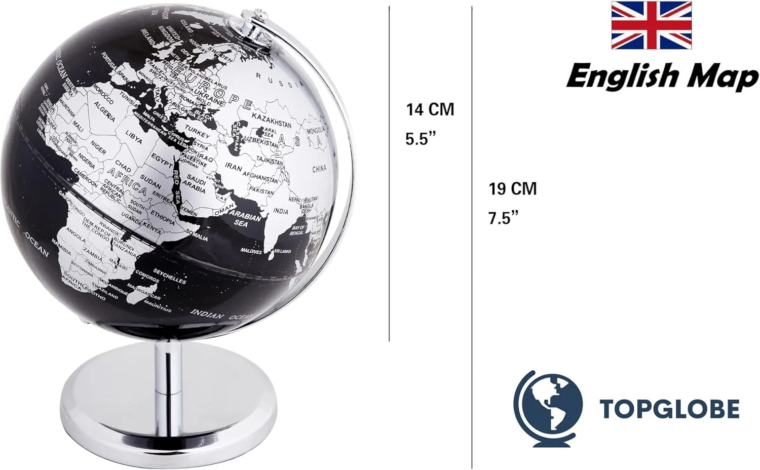 5.5" World Globe Mini - Educational/Geographic/Modern Desktop Decoration - Stainless Steel Arc and Base - for School, Home, and Office