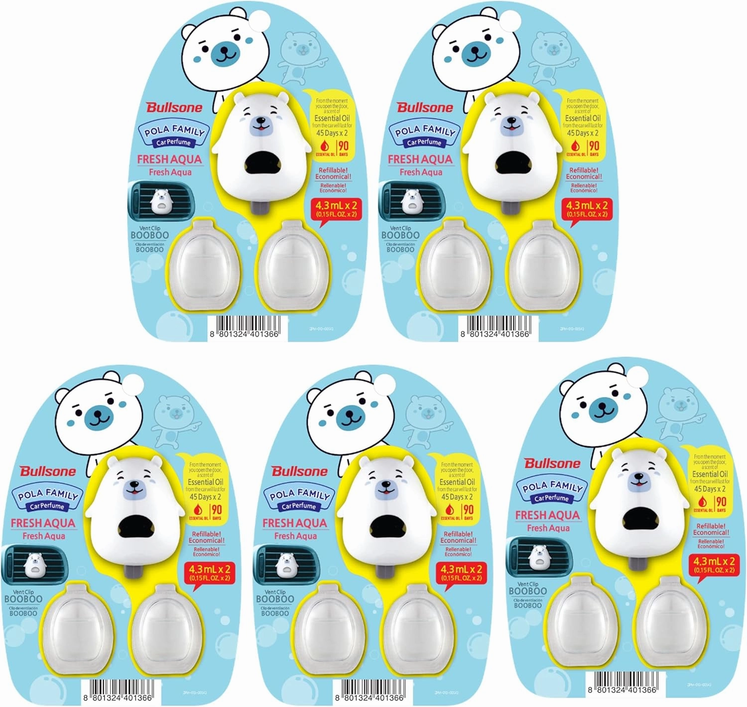 5 Pack Bullsone Pola Family Natural Car Air Freshener, Luxury Car Perfume, Vent Clip Type (Fresh Aqua)