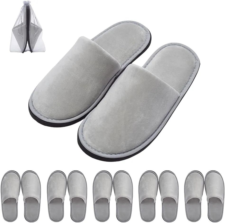 6 Pairs Spa Slippers for Guests, Disposable & Reusable Non-Slip Hotel Slippers with Storage Bag, Soft Cotton Guest Slippers for Women & Men, Non-Slip for Home, Gym, Bridal Party