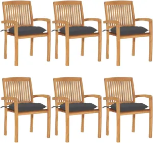 6-Piece Stackable Teak Wood Patio Chairs with Anthracite Cushions, Outdoor Dining Chairs Waterproof Hardwood Furniture for Poolside Garden Backyard