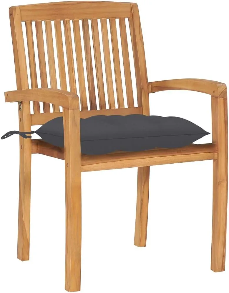 6-Piece Stackable Teak Wood Patio Chairs with Anthracite Cushions, Outdoor Dining Chairs Waterproof Hardwood Furniture for Poolside Garden Backyard