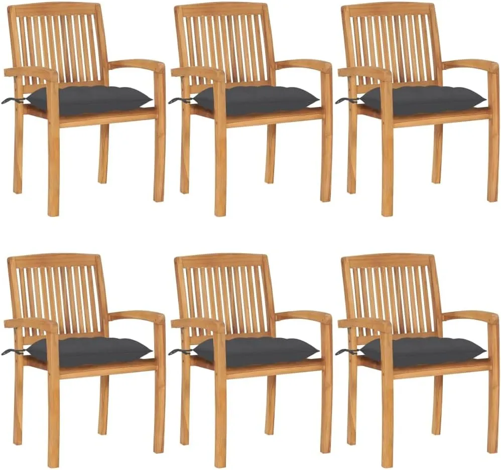 6-Piece Stackable Teak Wood Patio Chairs with Anthracite Cushions, Outdoor Dining Chairs Waterproof Hardwood Furniture for Poolside Garden Backyard